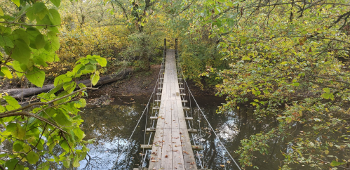 A wooden suspension bridge spans a calm stream, surrounded by lush green trees and autumn foliage.