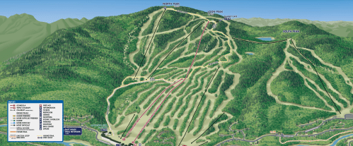 Ski resort trail map showing slopes, lifts, and terrain features on a mountainous landscape.