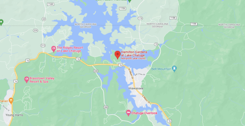 Map showing Hamilton Gardens on Lake Chatuge, with nearby roads and landmarks in North Carolina and Georgia.