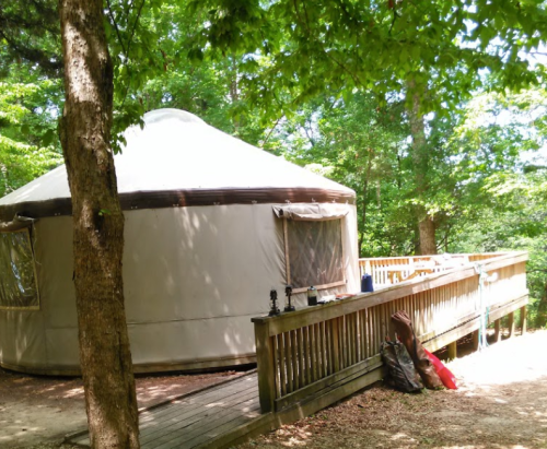 A yurt surrounded by trees, featuring a wooden deck and a natural, serene outdoor setting.