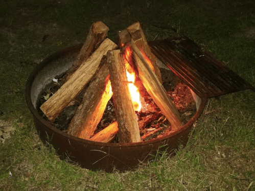 A campfire with burning logs in a metal fire pit, surrounded by grass at night.