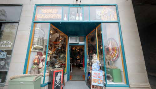 A quirky storefront named "Woolly Mammoth," featuring eclectic items and a sign that says "YES WE'RE OPEN."