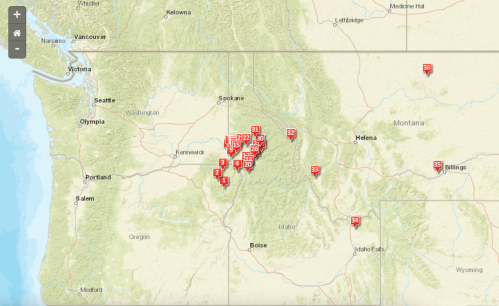 Map of the northwestern U.S. with marked locations, including cities and geographical features.