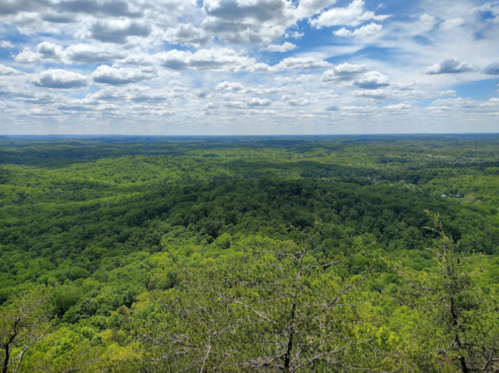 A panoramic view of lush green hills under a partly cloudy sky.