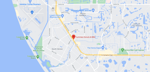 Map showing the location of Yummies Donuts & BBQ in Venice, Florida, near various landmarks and roads.