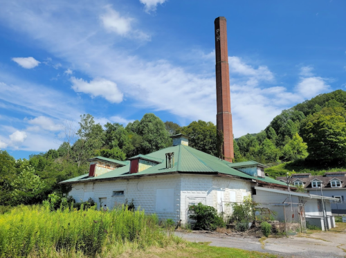 Abandoned building with a green roof and tall brick chimney, surrounded by trees and blue sky.