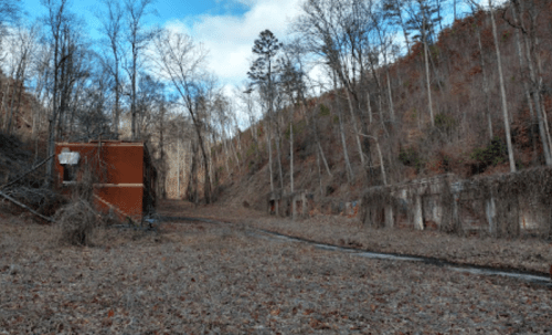 Abandoned buildings surrounded by bare trees and overgrown vegetation in a quiet, wooded area.