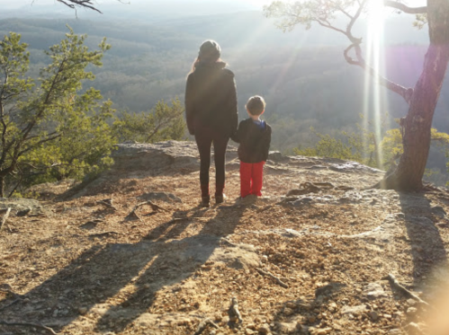 A person and a child stand on a rocky ledge, overlooking a scenic landscape with sunlight shining through trees.