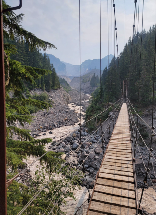 A wooden suspension bridge spans a rocky river valley, surrounded by tall trees and mountains in the background.