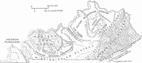 Map of Kentucky showing various regions and geographical features, including the Jackson Purchase and Cumberland Gap.