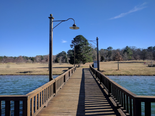 A wooden pier extends over a calm waterway, flanked by trees and a clear blue sky.
