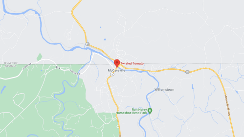 Map showing the location of Twisted Tomato in McCaysville, Georgia, near surrounding roads and landmarks.