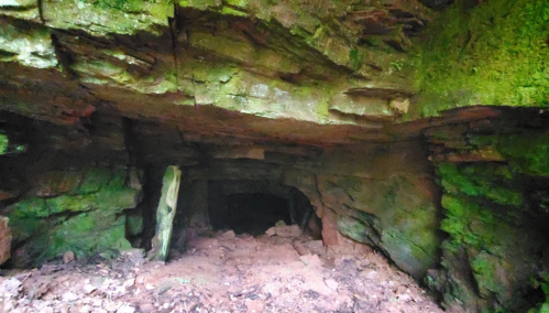 A dimly lit cave interior with moss-covered rock walls and a rocky floor, leading into a dark opening.