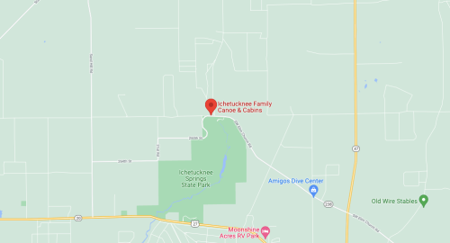 Map showing location of Ichetucknee Family Canoe & Cabins near Ichetucknee Springs State Park.
