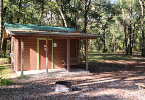 A small brown cabin with a green roof surrounded by trees in a wooded area, with a fire pit in front.