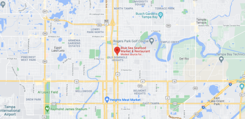 Map showing the location of Blue Sea Seafood Market & Restaurant in Tampa, Florida, near major roads and landmarks.