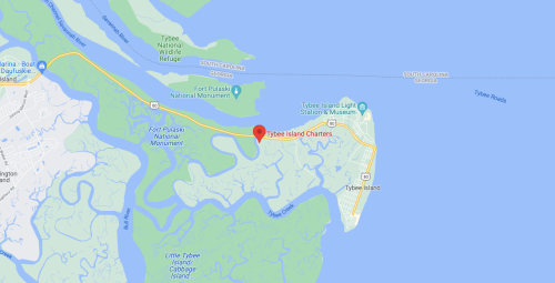 Map showing Tybee Island, Georgia, with nearby waterways and landmarks, including Fort Pulaski National Monument.
