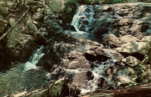 A serene waterfall cascading over rocky terrain, surrounded by lush greenery and dappled sunlight.