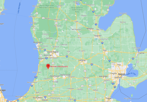 Map showing the location of Minnie's Restaurant in Michigan, near the southwestern region, with surrounding cities and landmarks.