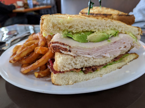 A close-up of a turkey sandwich with avocado on toasted bread, served with sweet potato fries on the side.
