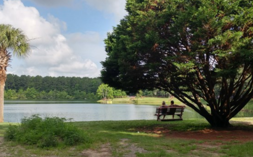 Two people sit on a bench by a serene lake, surrounded by trees and lush greenery under a partly cloudy sky.