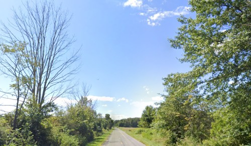 A peaceful rural road lined with trees under a clear blue sky with a few clouds.