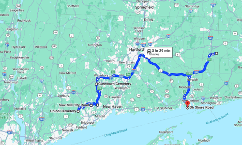 Map showing a route from New Haven to Shore Road, highlighting cemeteries and travel time of 3 hours 29 minutes.