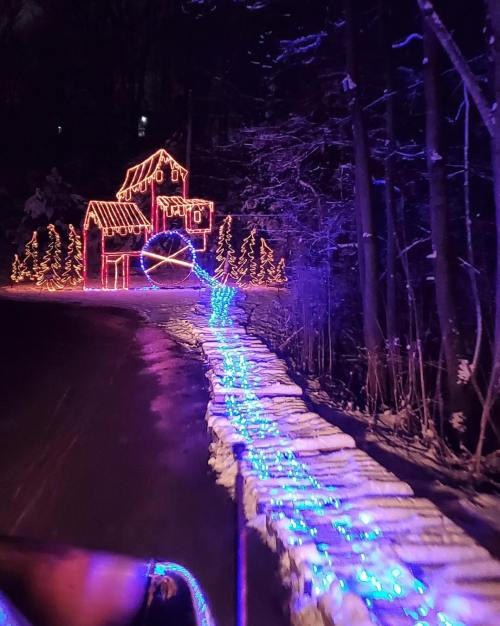 A brightly lit house with colorful lights and a glowing path, surrounded by trees in a snowy nighttime setting.