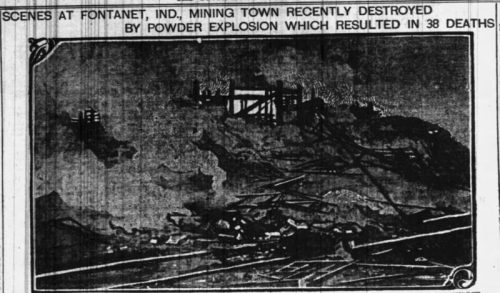 Black and white image depicting destruction in Fontanet, Indiana, after a mining explosion that killed 38 people.