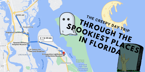 Map highlighting a spooky day trip route in Florida, featuring haunted locations and ghostly imagery.