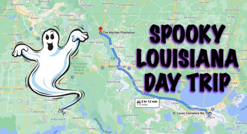 Map showing a route for a spooky Louisiana day trip to The Myrtles Plantation, with a ghost graphic.