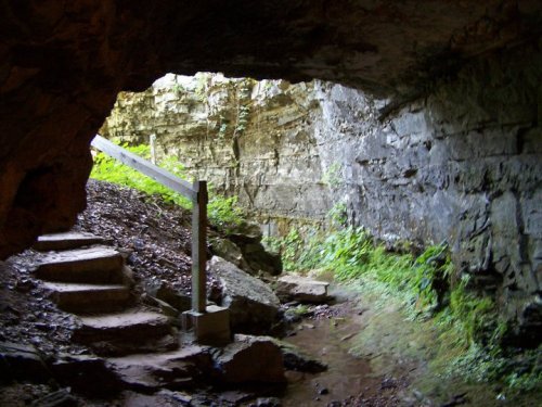 A rocky cave entrance with stone steps leading up to a grassy area, surrounded by lush greenery and natural light.