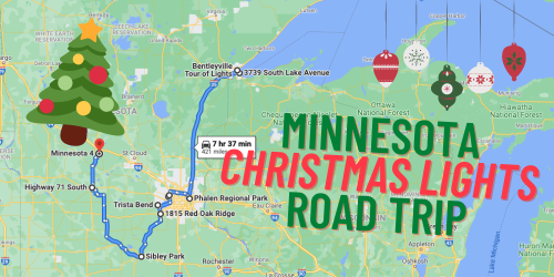 Map of a Christmas lights road trip in Minnesota, featuring a route from Sibley Park to Bentleyville with festive decorations.