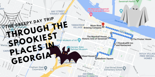 Map highlighting a spooky day trip in Georgia, featuring landmarks like Moon River Brewing Company and The Marshall House.