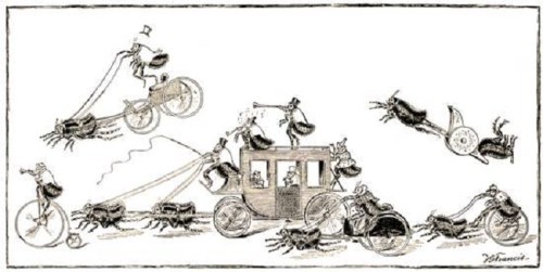 A whimsical illustration of people riding bicycles and a carriage, pulled by large insects, in a playful, chaotic scene.
