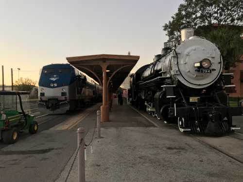 Two trains at a station: a modern passenger train on the left and a vintage steam locomotive on the right, under a canopy.