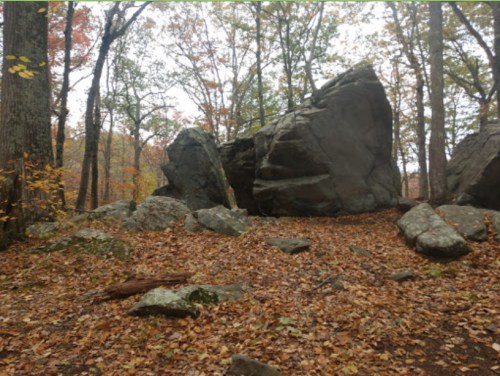 A rocky outcrop surrounded by autumn foliage and fallen leaves in a wooded area.