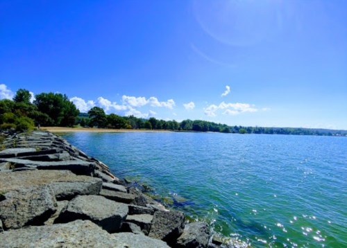 A serene lakeside view with a rocky shoreline, clear blue water, and a bright sky dotted with fluffy clouds.