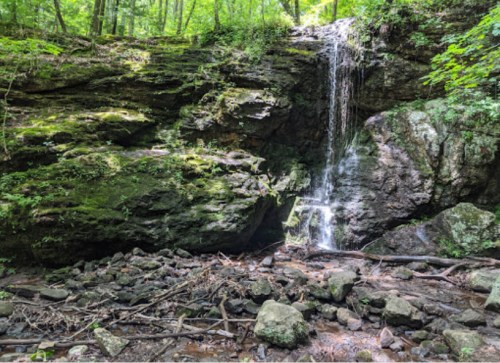 A serene waterfall cascades over moss-covered rocks in a lush green forest.
