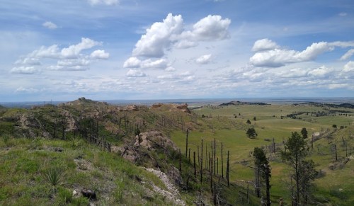 A panoramic view of rolling hills and green fields under a cloudy sky, with scattered trees and rocky outcrops.
