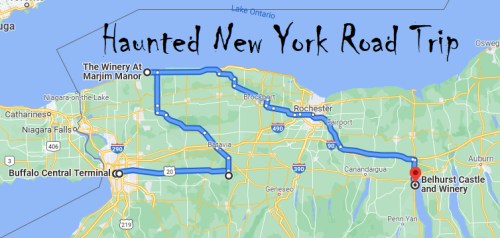 Map of a haunted road trip in New York, highlighting stops at Marjim Manor and Belhurst Castle and Winery.