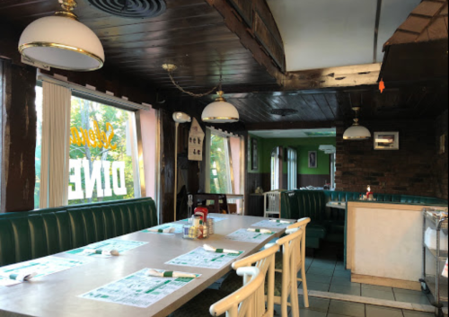 A cozy diner interior with green booths, a long table, and large windows letting in natural light.