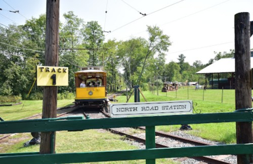 A yellow tram approaches North Road Station, with a sign for Track 1 and greenery in the background.