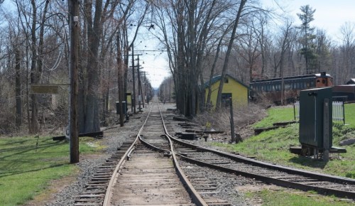A view of railway tracks diverging through a wooded area, with a yellow building and train in the background.