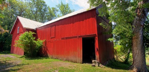A red barn surrounded by greenery, with a clear blue sky above and sunlight illuminating the scene.