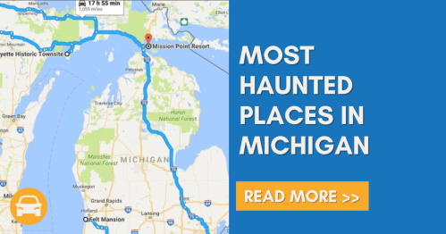 Map highlighting a route to Mission Point Resort in Michigan, with text about haunted places and a "Read More" button.