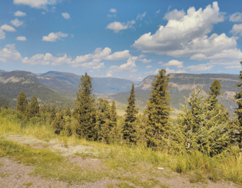 A scenic view of mountains and valleys, with lush green trees under a blue sky dotted with fluffy clouds.