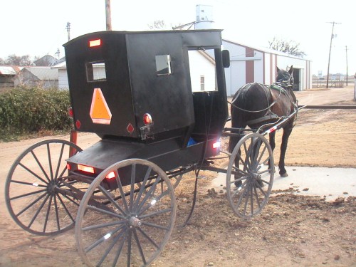 A black horse-drawn carriage parked on a dirt road, with a horse hitched to the side and a building in the background.