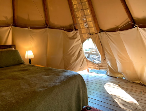 Cozy interior of a tent with a bed, lamp, and a round window letting in natural light.