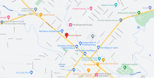 Map of Fredericksburg, Texas, highlighting key locations like the Amish Market and various antique shops.